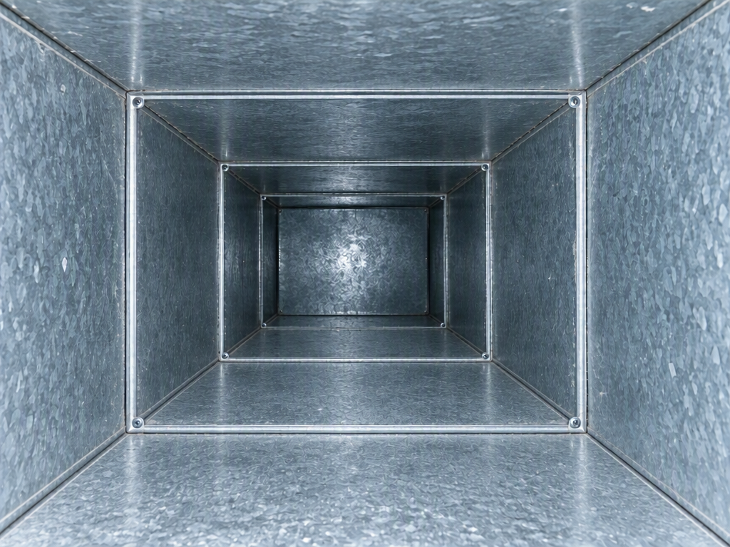 AI-generated illustration of the same rectangular galvanized duct interior with clean silver surfaces; not an actual customer project.