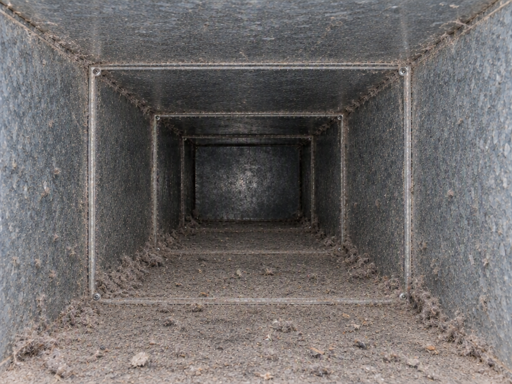 AI-generated illustration of a rectangular galvanized duct interior with heavy grey-brown dust, lint clumps and dry debris buildup; not an actual customer project.