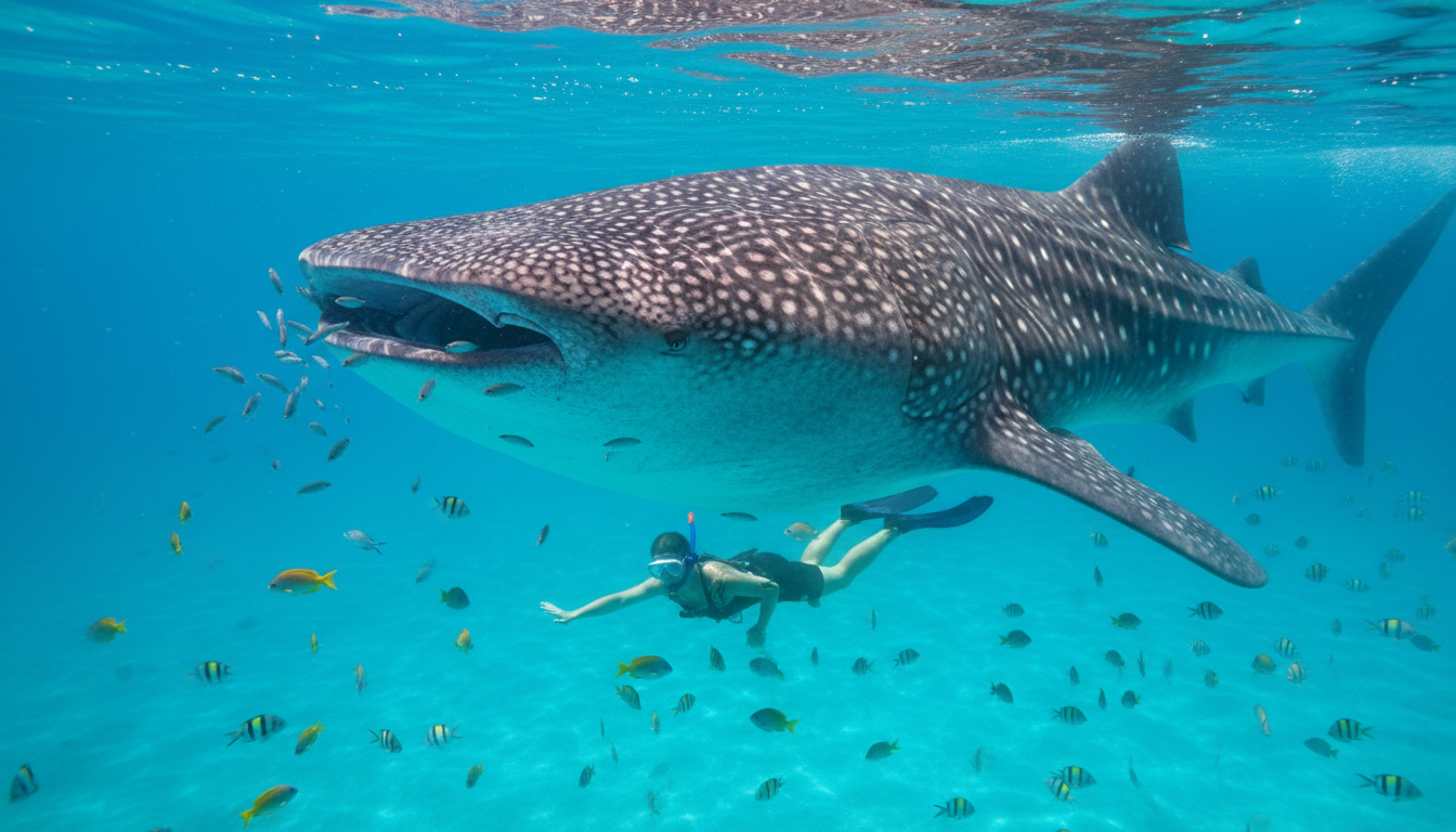 Snorkeler swimming alongside a gentle giant whale shark