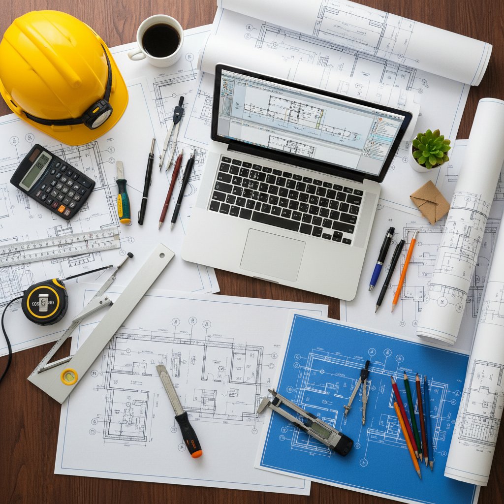 Engineering workspace with blueprints