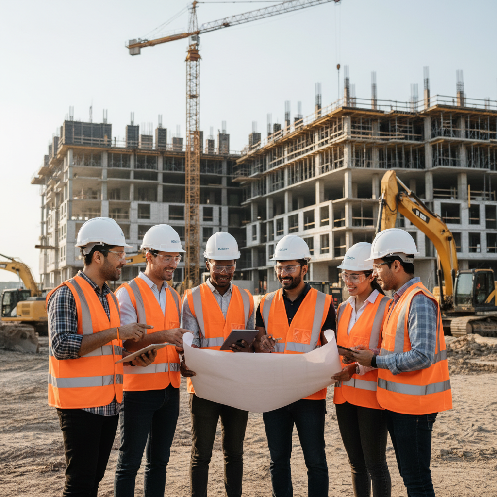 Professional construction team reviewing blueprints