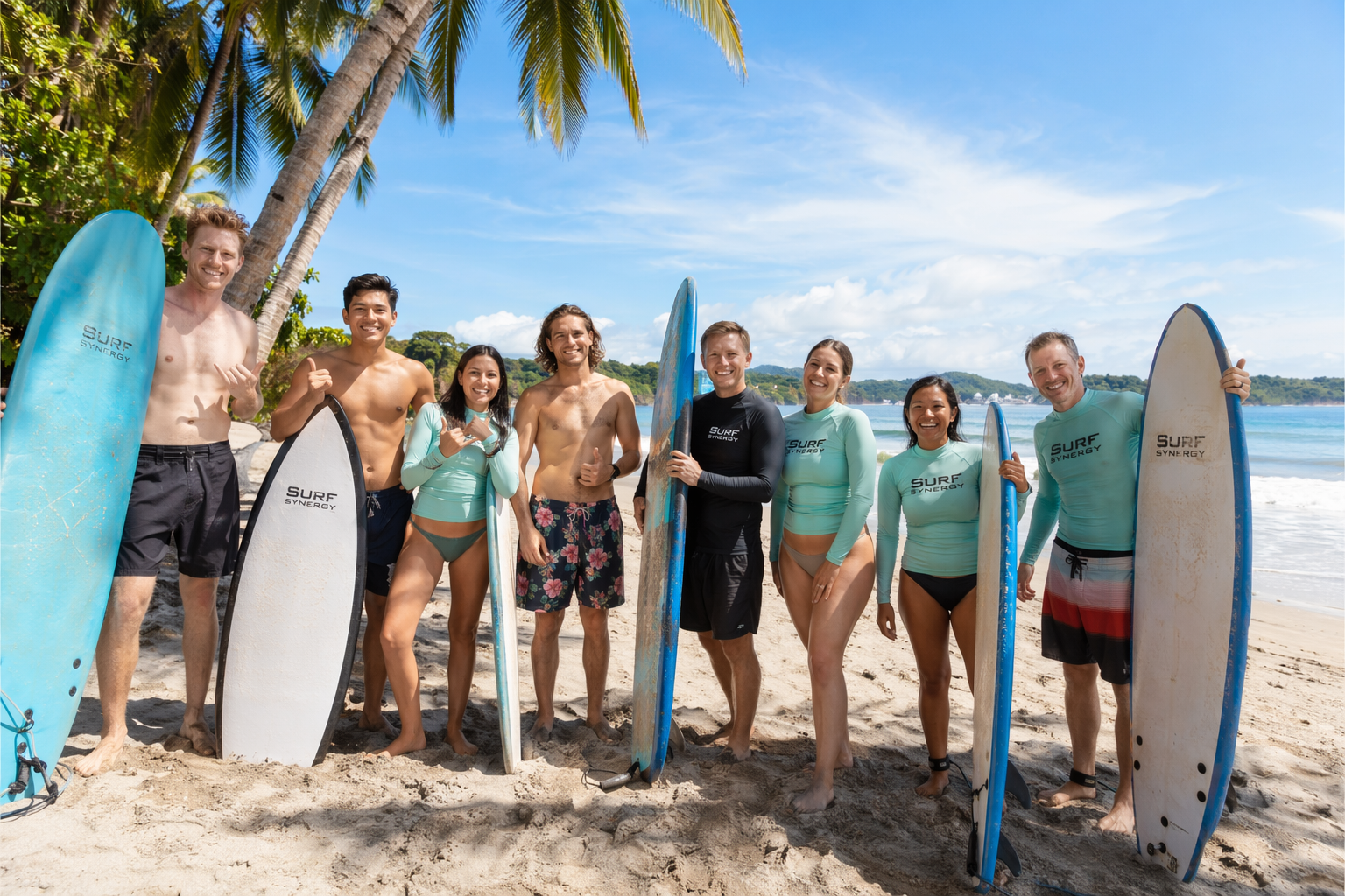 Group surf lesson with happy students in Jaco