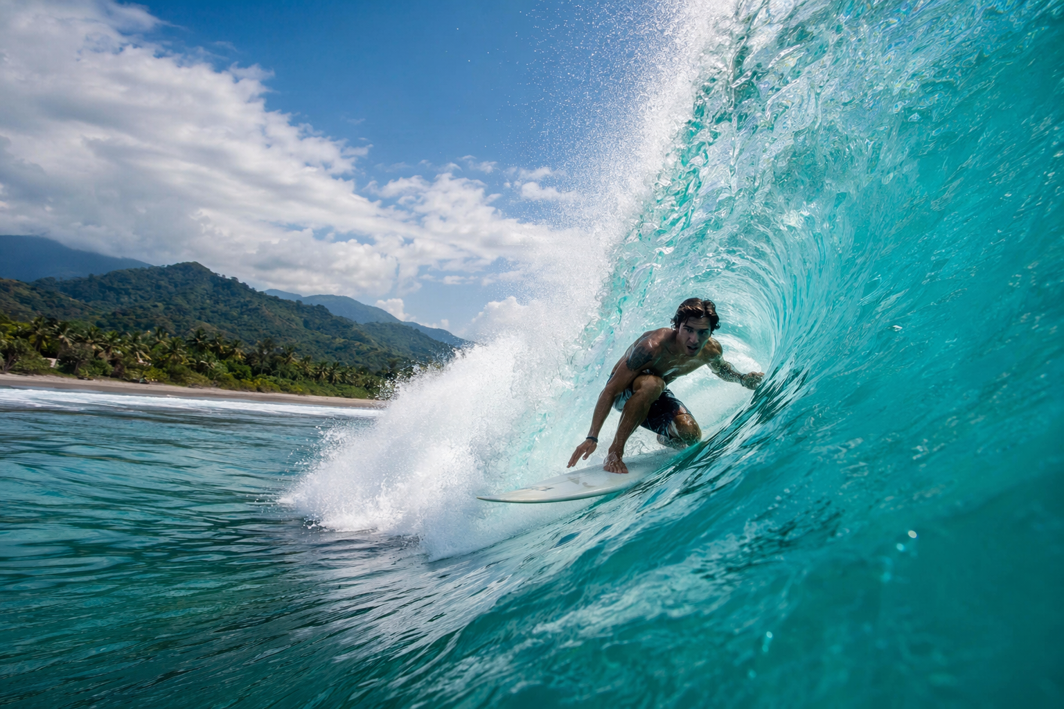 Action shot of surfer catching wave at Jaco Beach