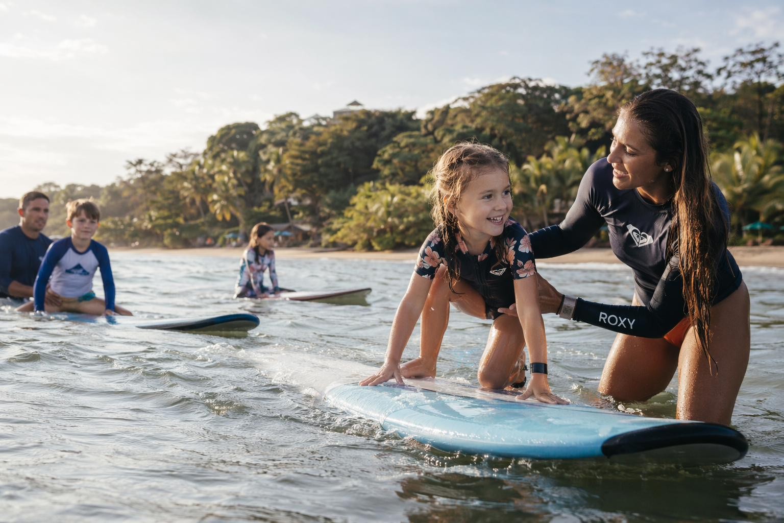 Family with kids learning to surf in Costa Rica