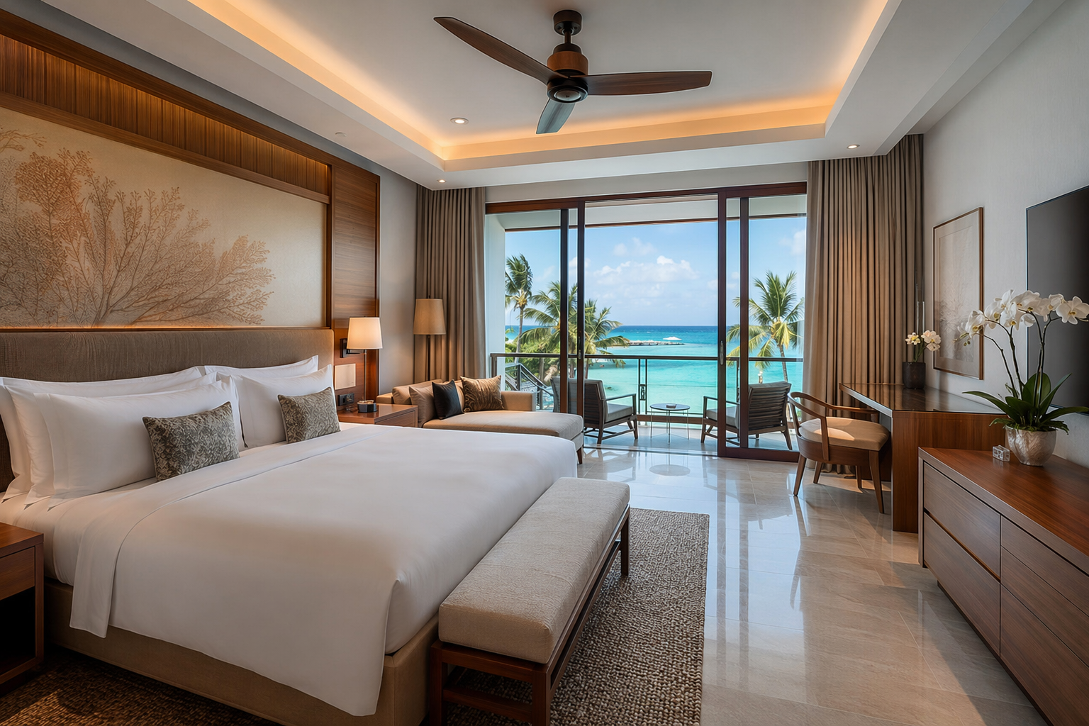 Bright hotel room with ocean-view styling in Jacó