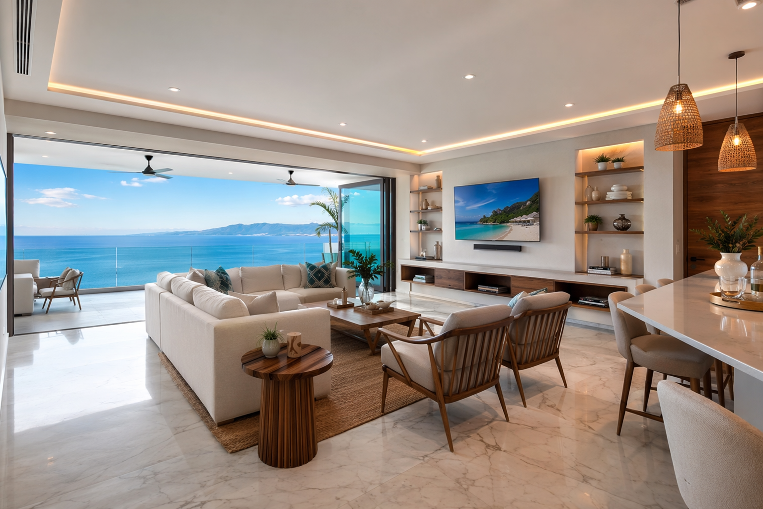 Beachfront condo interior overlooking the Pacific