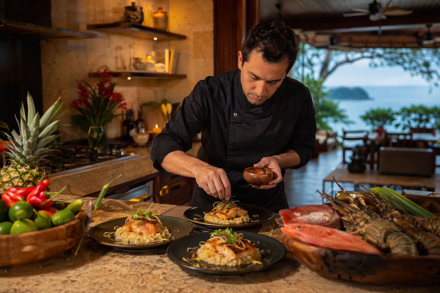 Private chef plating a gourmet dinner