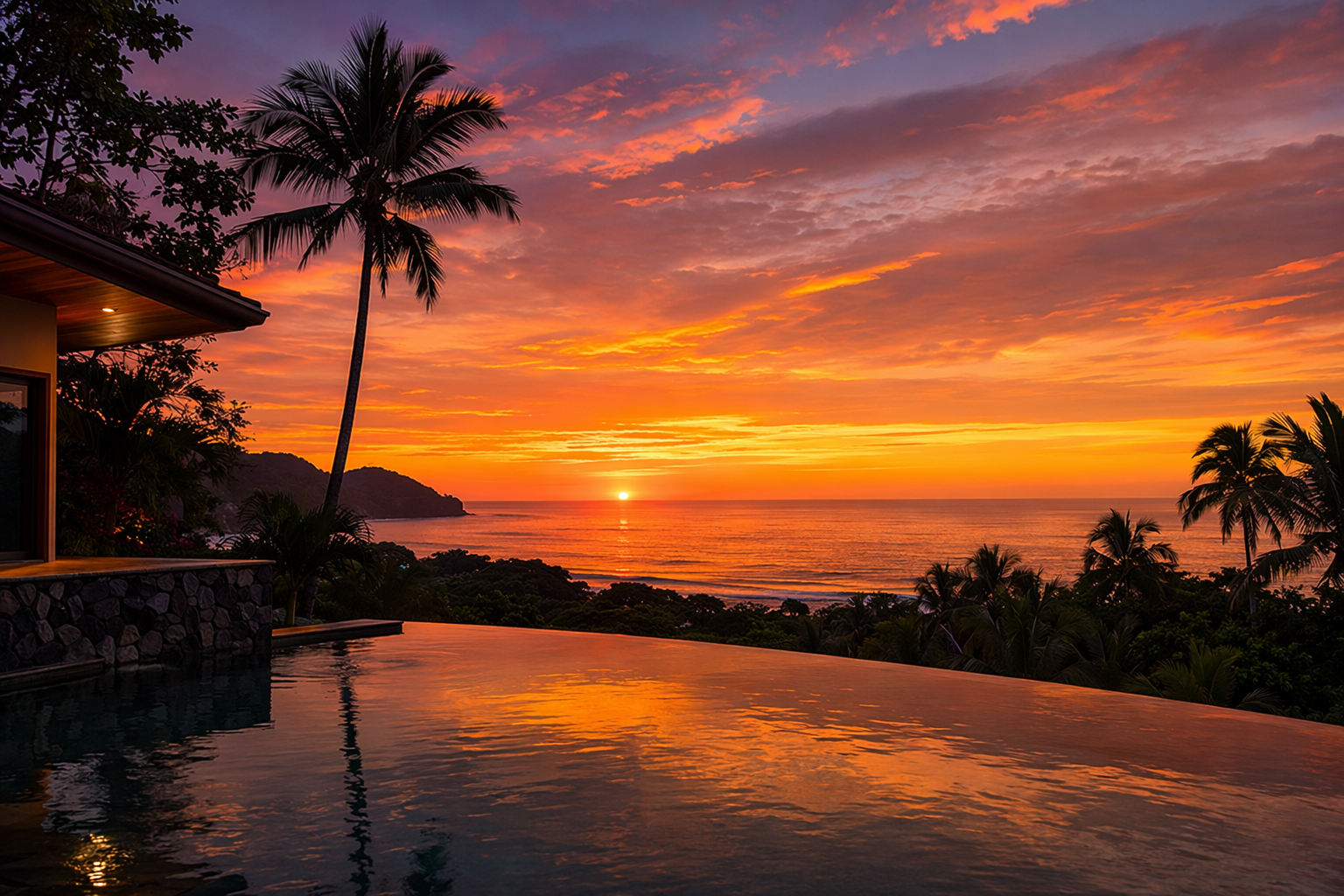 Tropical sunset over infinity pool