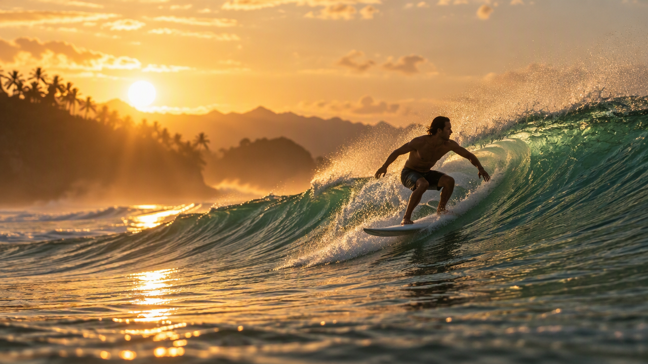 Surfer riding a small green wave at golden hour