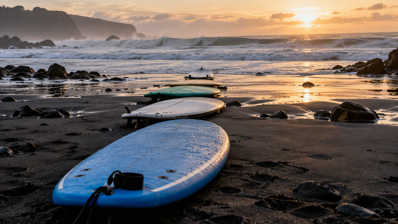 Surfboards of increasing size leading to the ocean