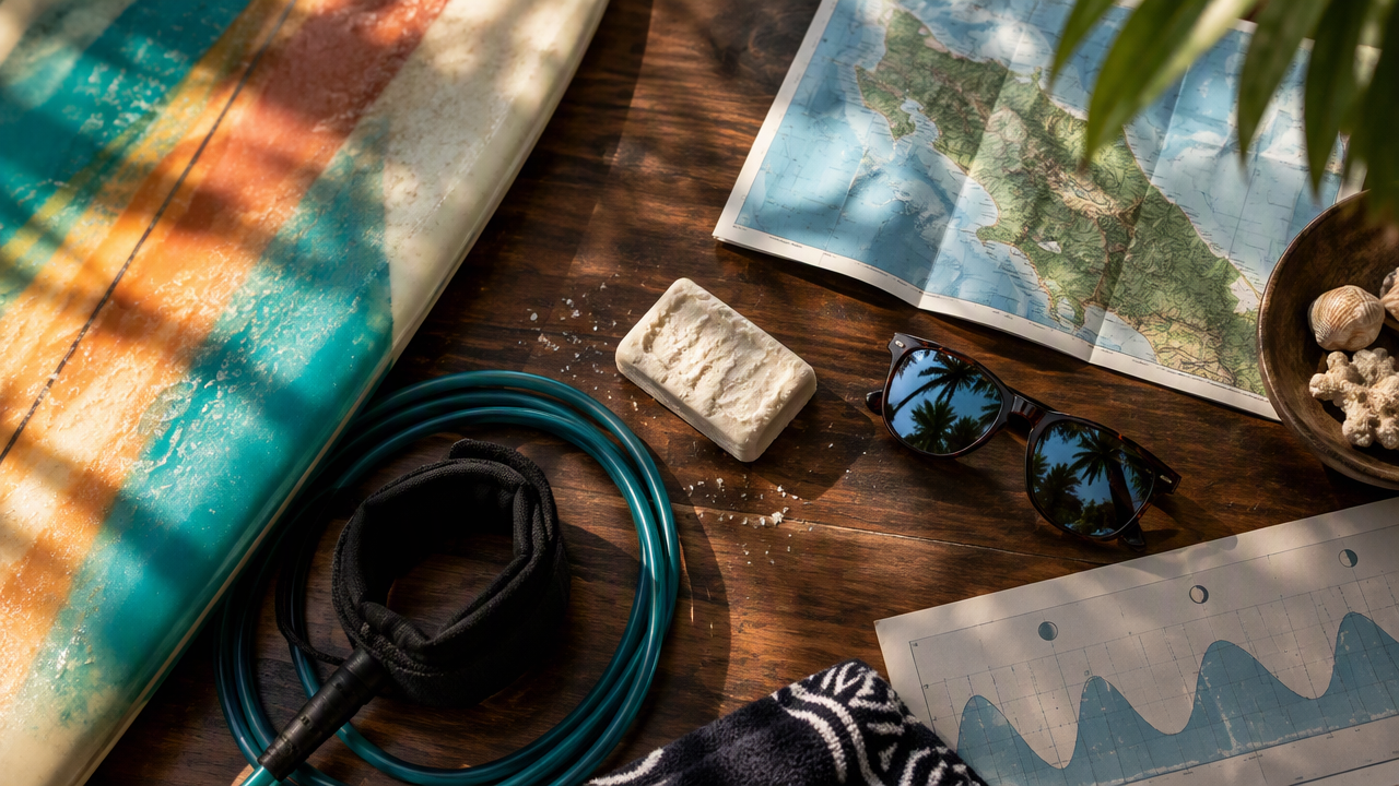 Surf trip gear on a tropical wooden table