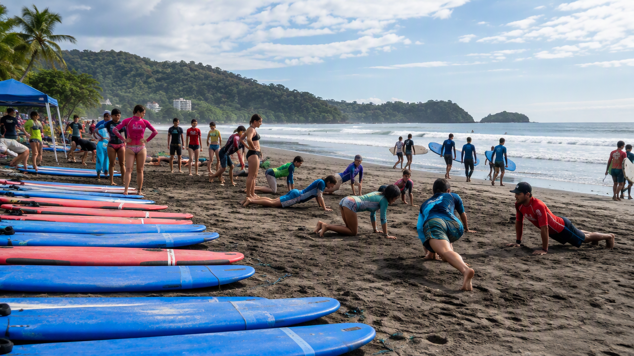 Surf school with students and instructors on Jaco Beach