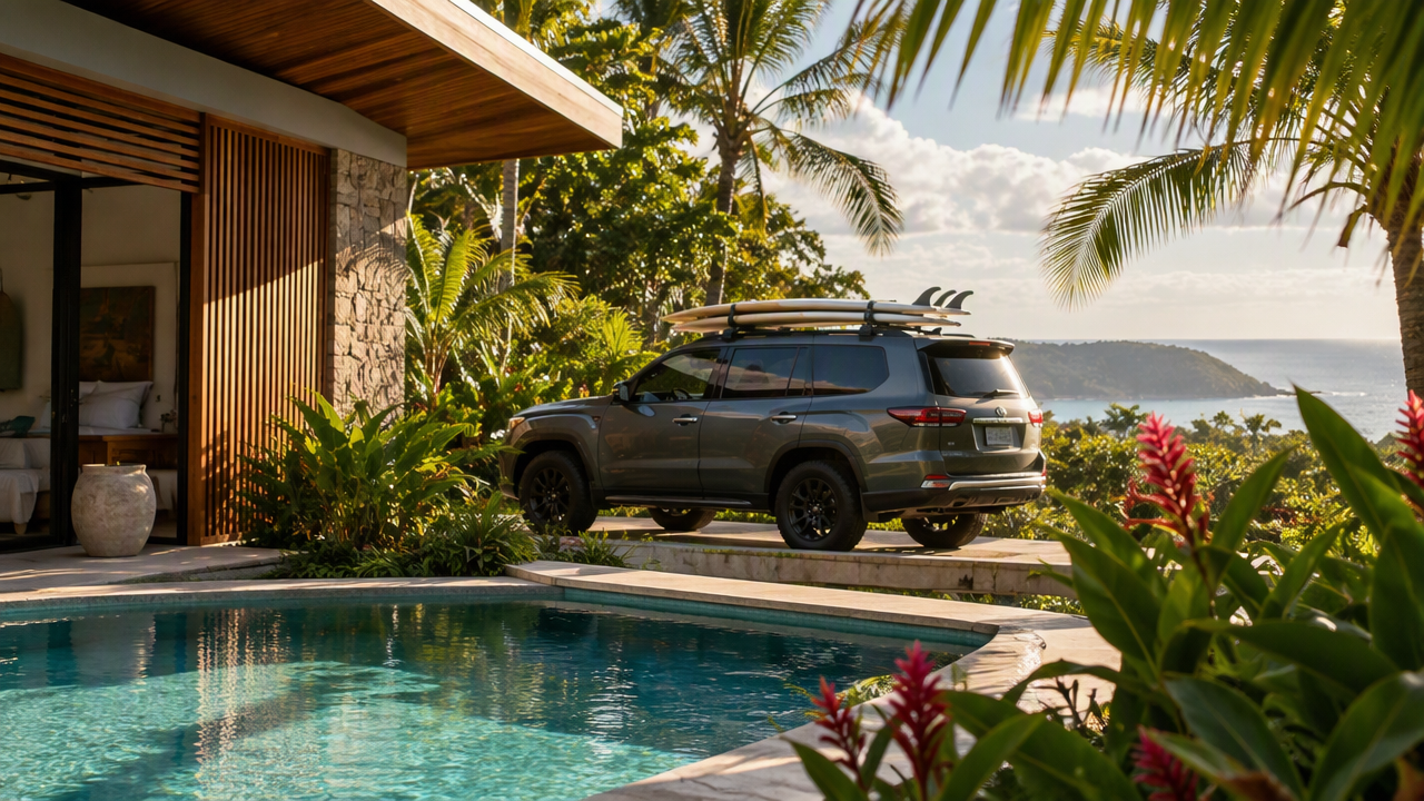 Surfboards on a car outside a tropical villa