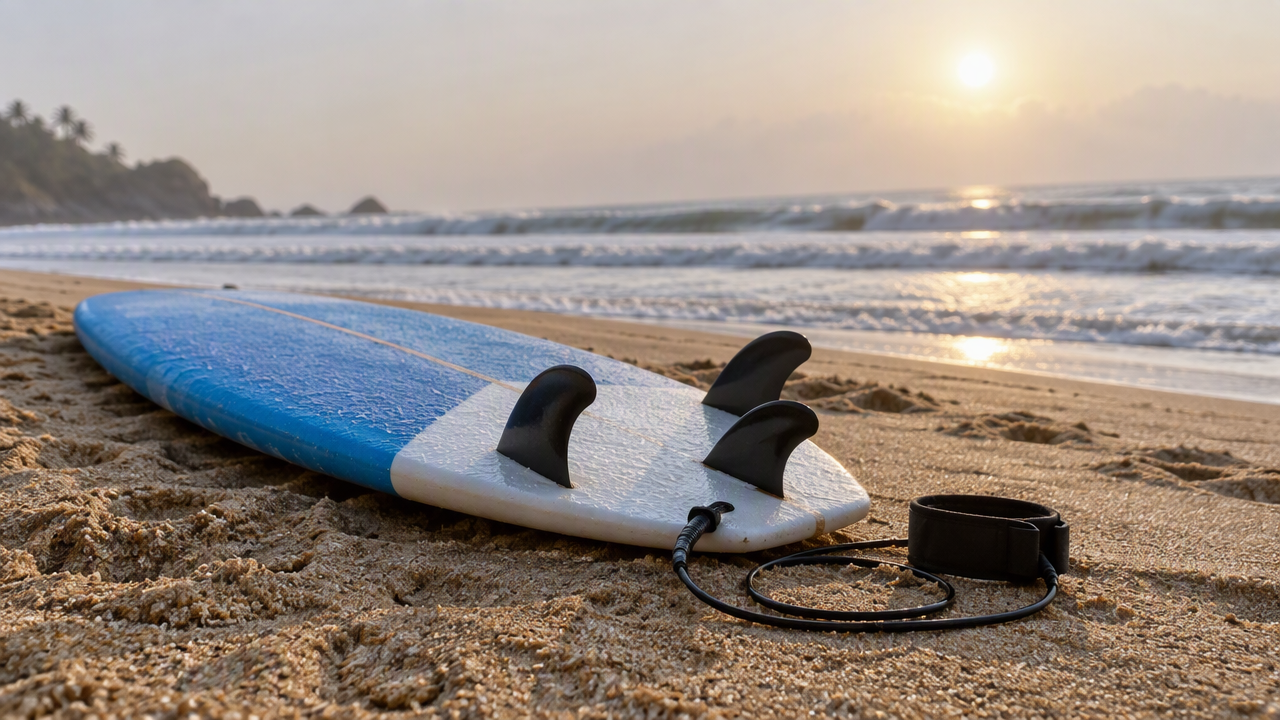 Surfboard and leash on the sand with waves behind