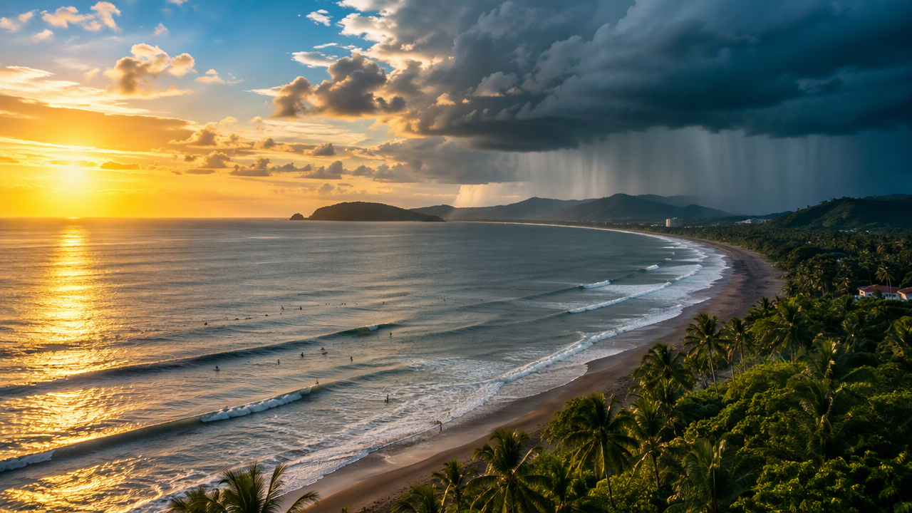 Jaco Beach in dry season sunshine and green season clouds