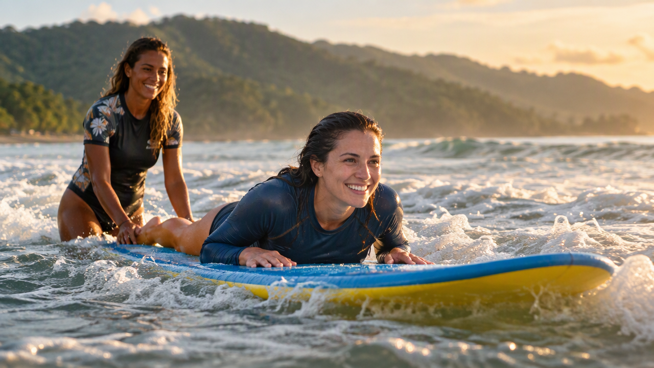 Female surf instructor helping a beginner in whitewater at Jaco Beach