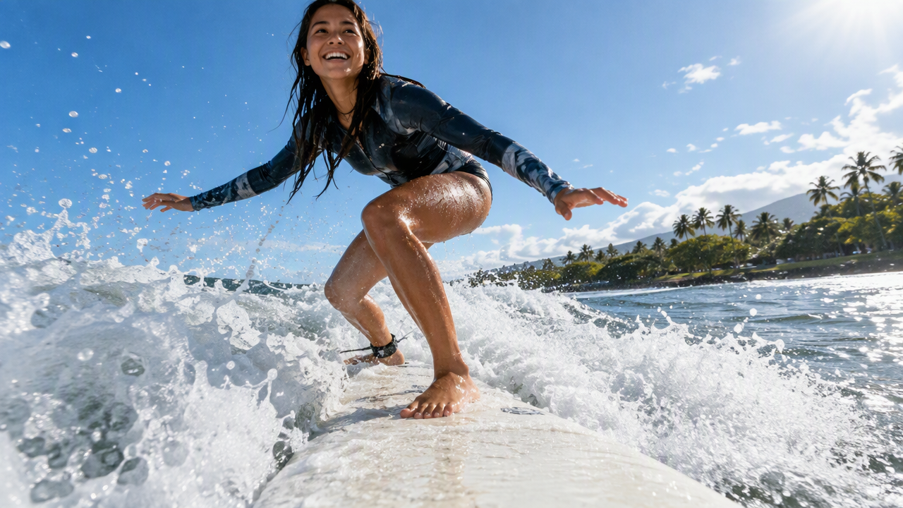 Beginner standing up on a surfboard for the first time