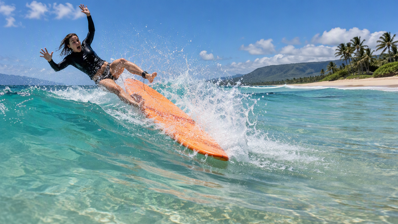 Beginner surfer falling as the board nose dives