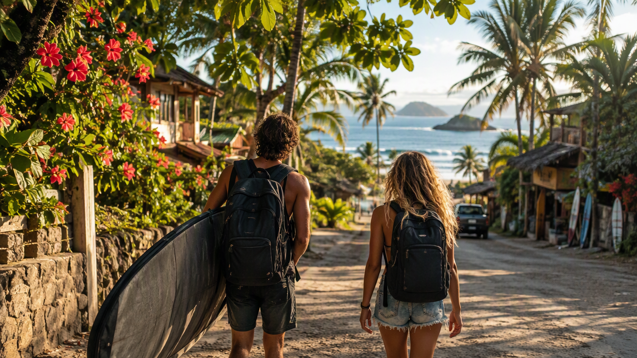 Travellers arriving at a Costa Rica beach with a surfboard bag