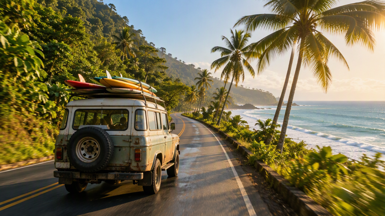 Van with surfboards on a Costa Rica coastal road