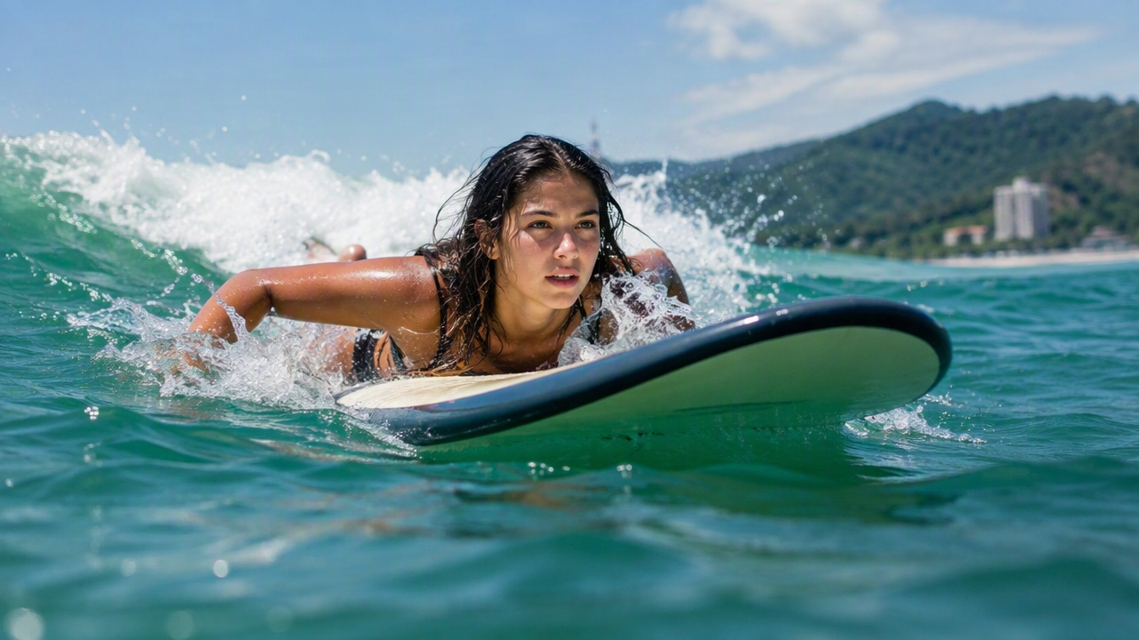Beginner paddling into whitewater to catch a wave
