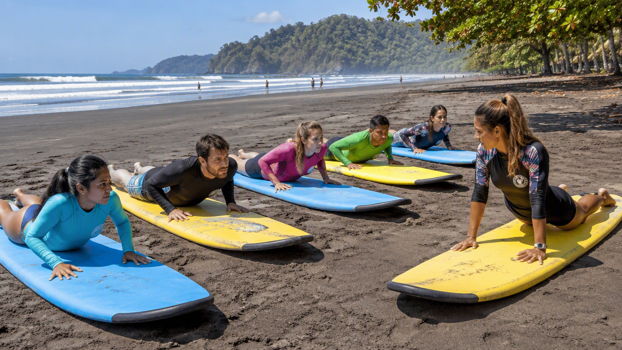 Group of friends practising pop-ups with an instructor in Jaco