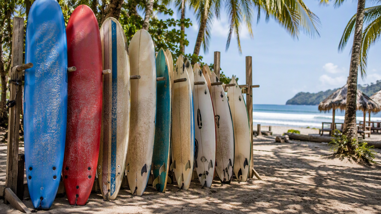 Row of soft-top surfboards in the sand