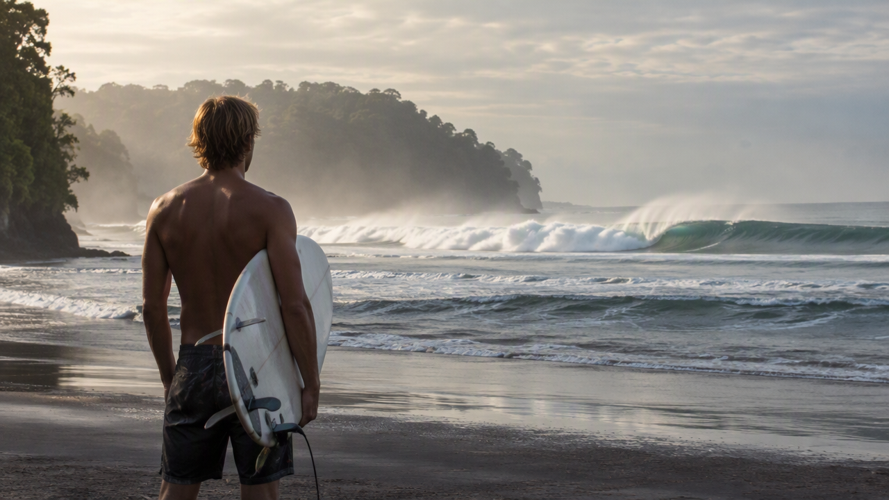 Surfer watching a set of waves break from the beach