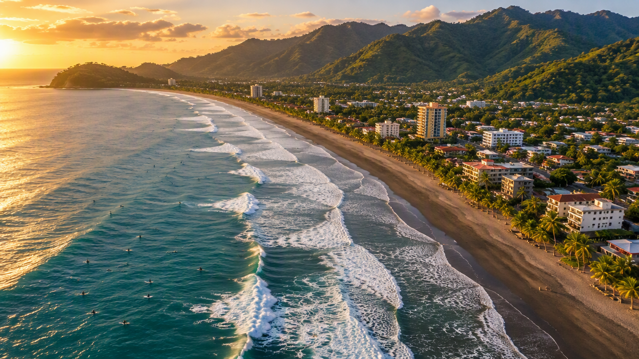 Aerial view of Jaco beach, town and mountains
