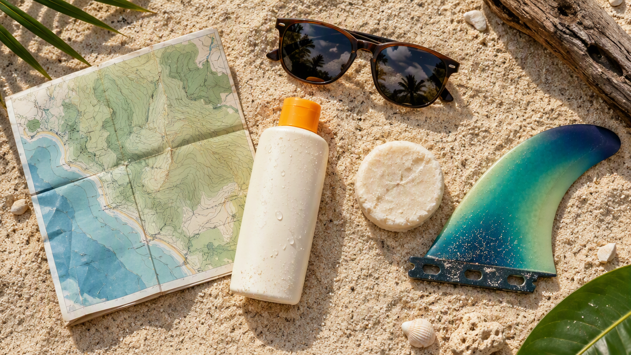 Surf trip essentials laid out on the sand