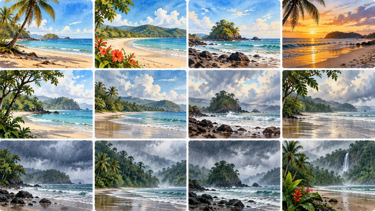 Illustrated calendar of dry and rainy season beach scenes