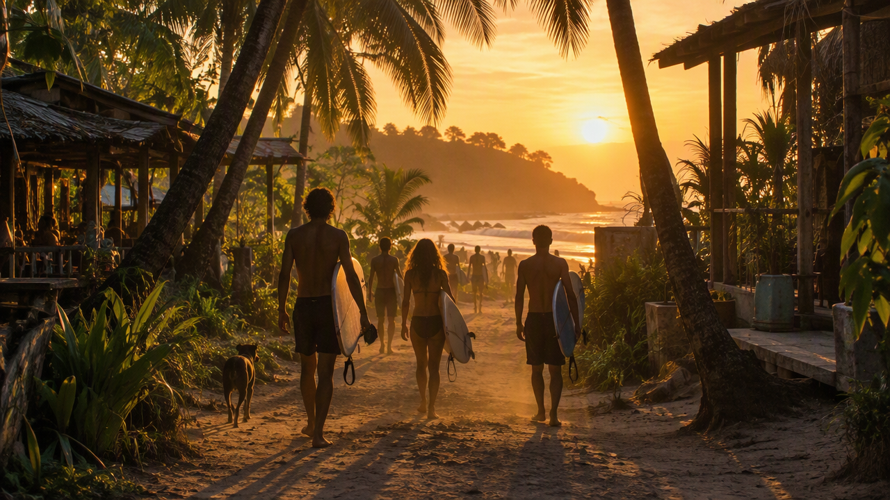 Rustic surf village beach at sunset