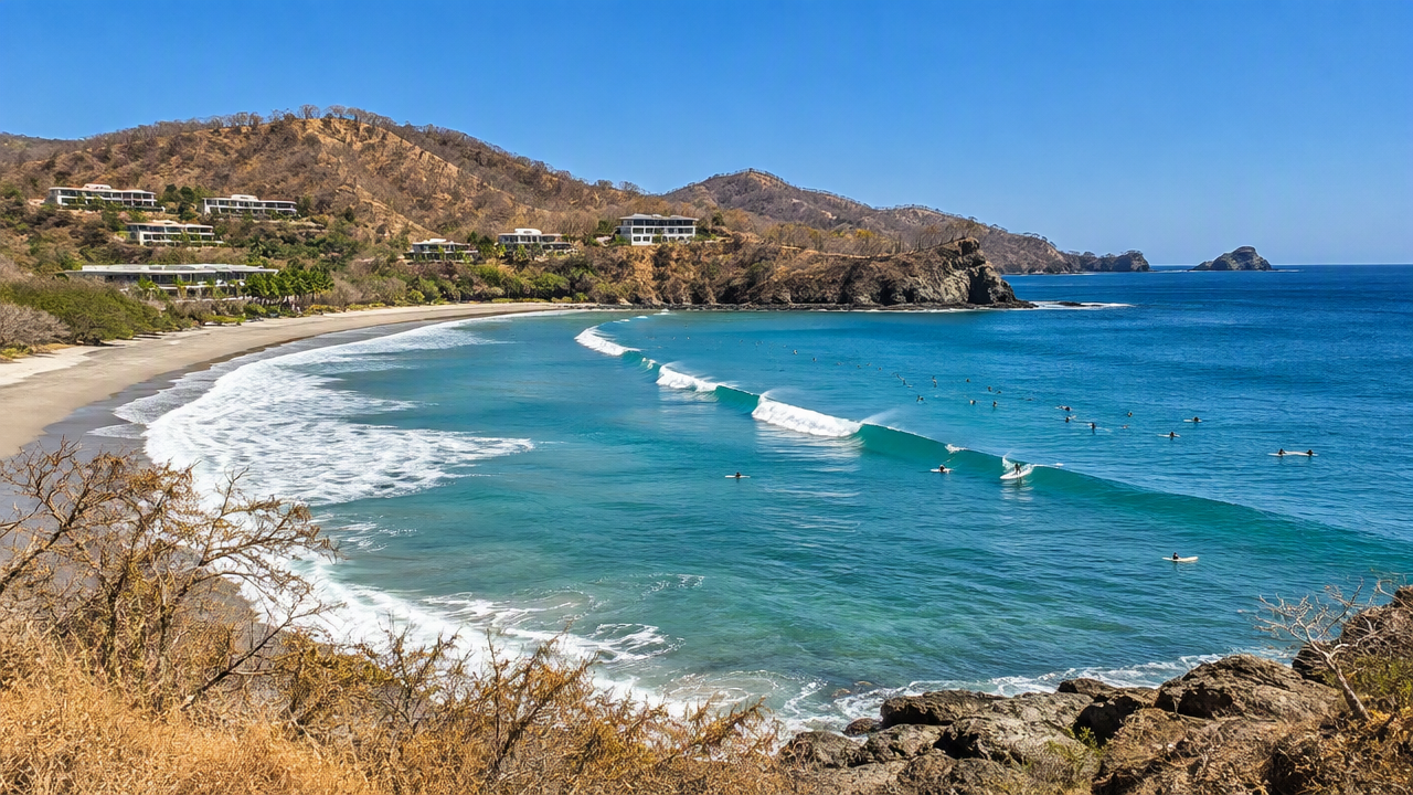 Golden Guanacaste-style bay with surfers