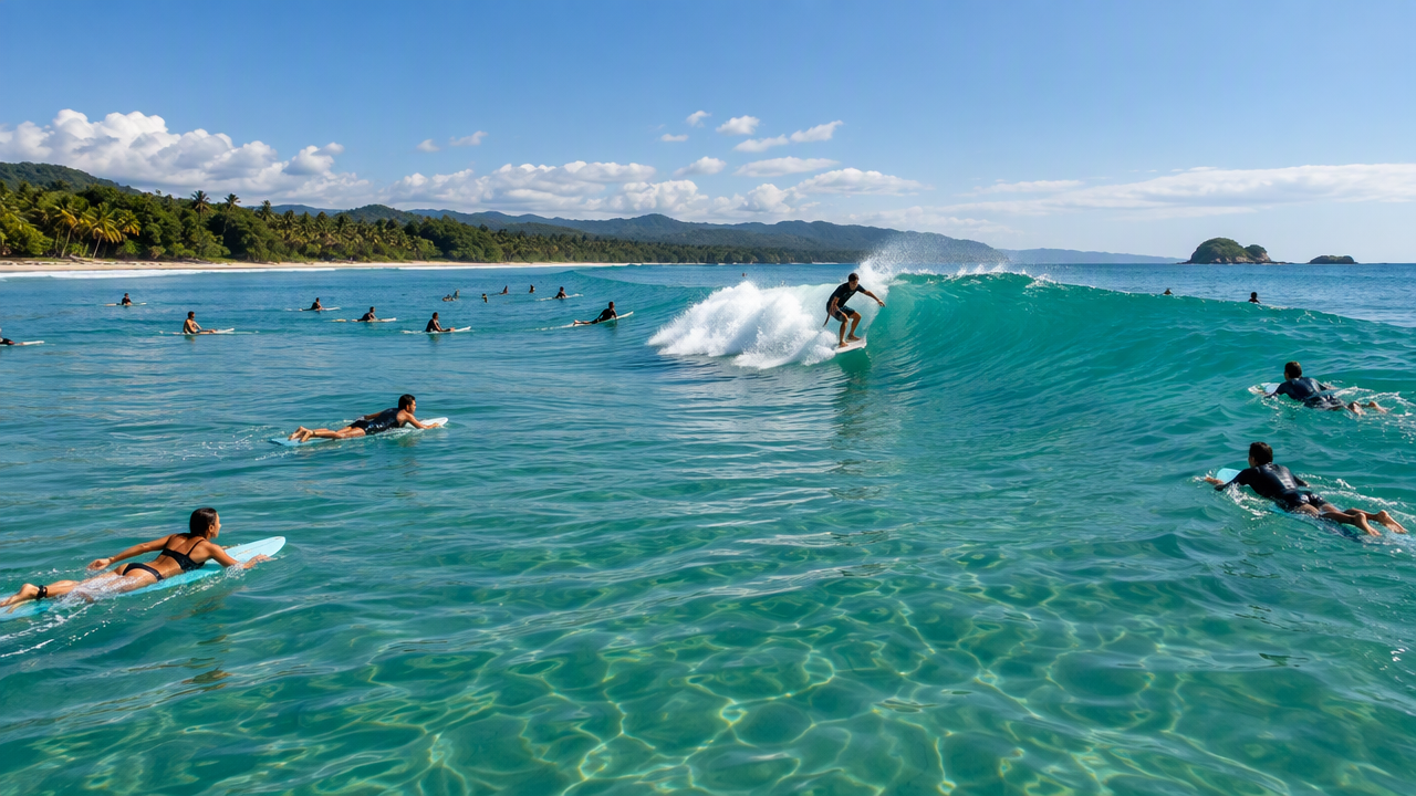 Surfer riding while others paddle wide in the lineup