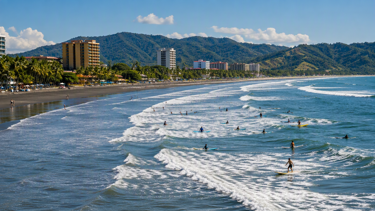 Beginner surfers in the whitewater at Jaco Beach