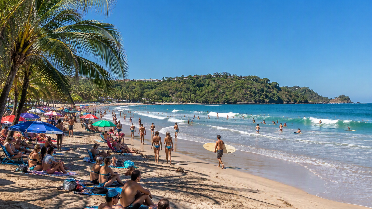 Sunny dry-season morning with surfers in Jaco
