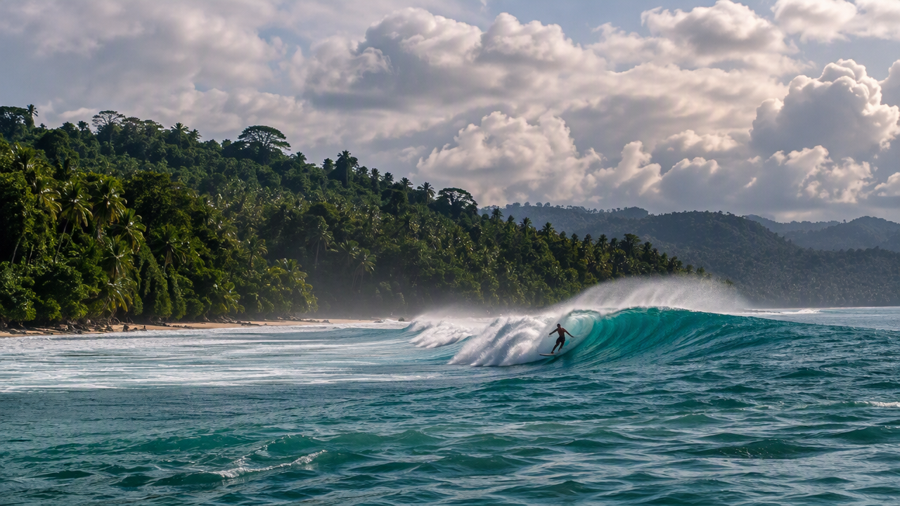 Lines of swell under partly cloudy skies