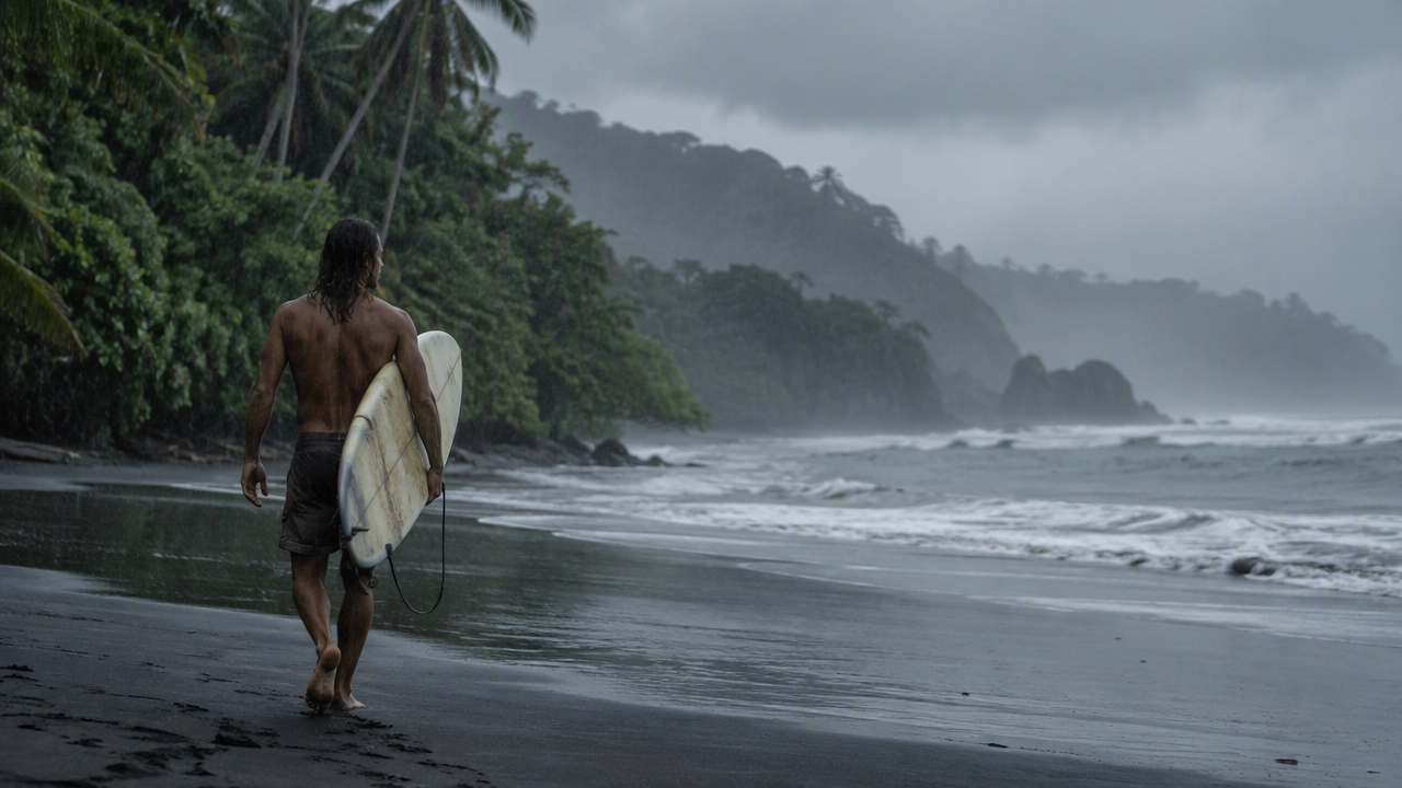 Surfer carrying a board on a quiet rainy beach