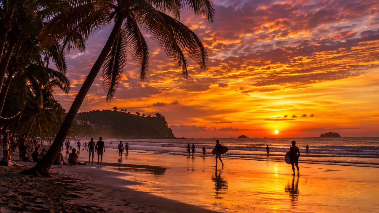 Holiday sunset with surfers on the beach