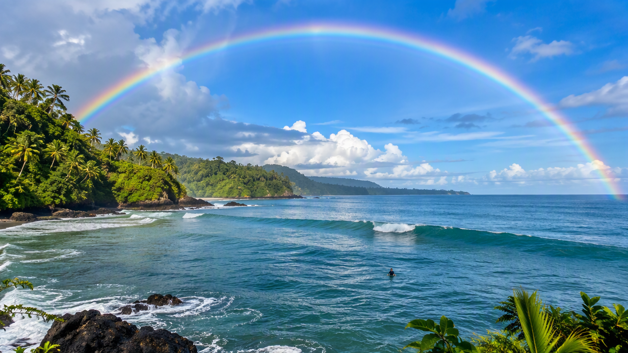Rainbow over a green coastline after rain