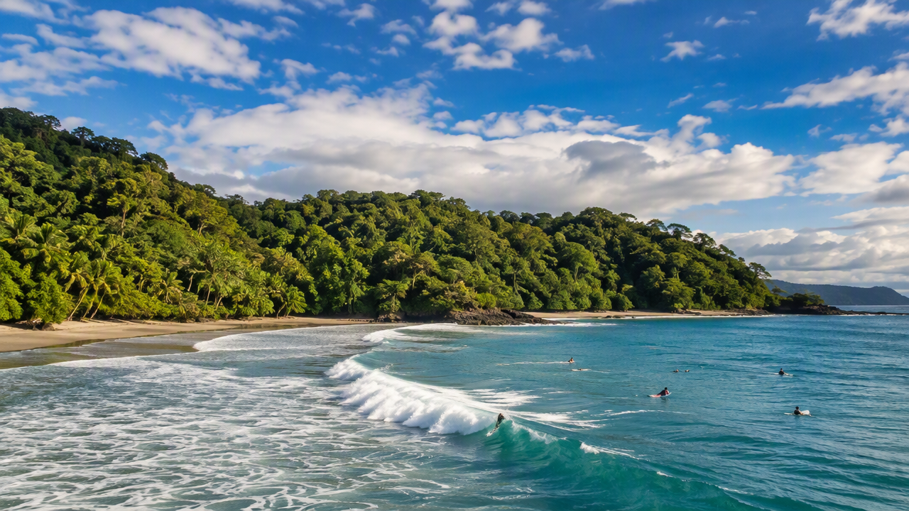 Clearing skies over lush jungle and beach