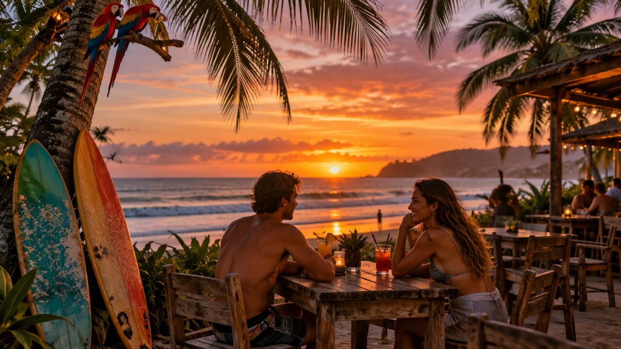 Couple at a beachfront restaurant at sunset