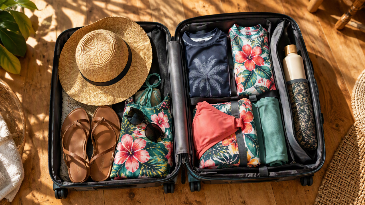 Suitcase packed with surf trip essentials