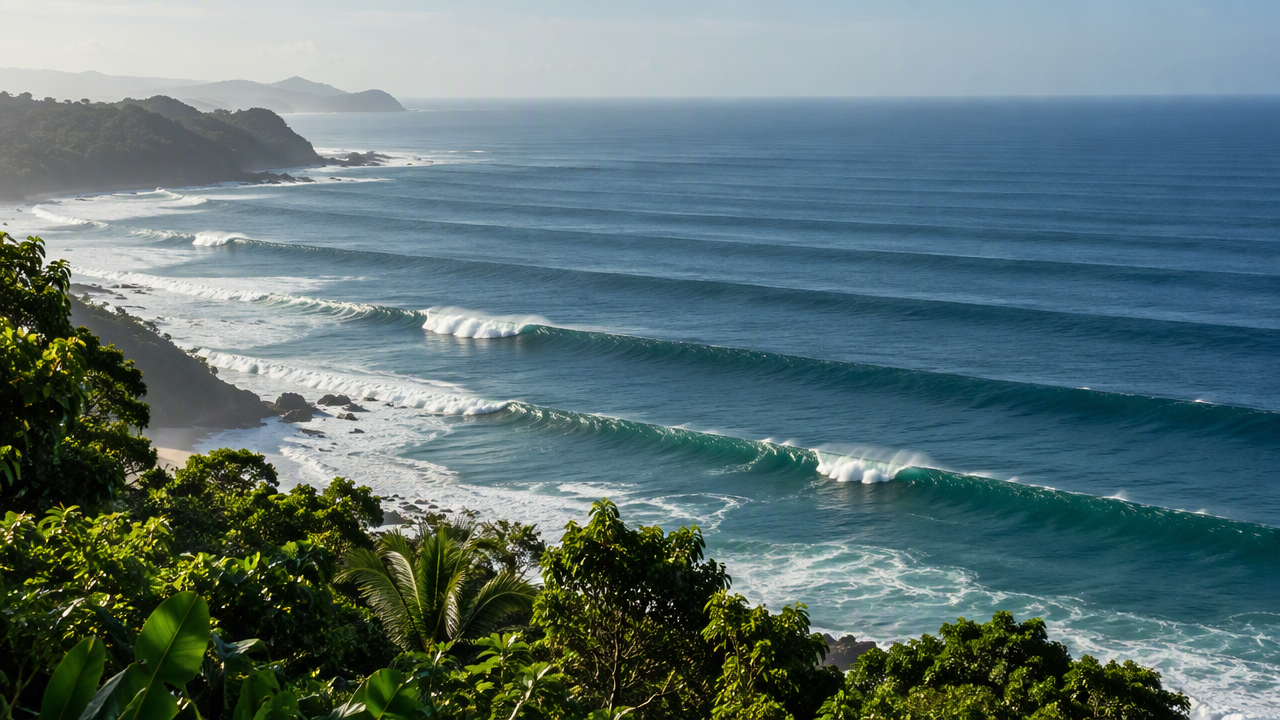 Lines of ocean swell approaching the coast