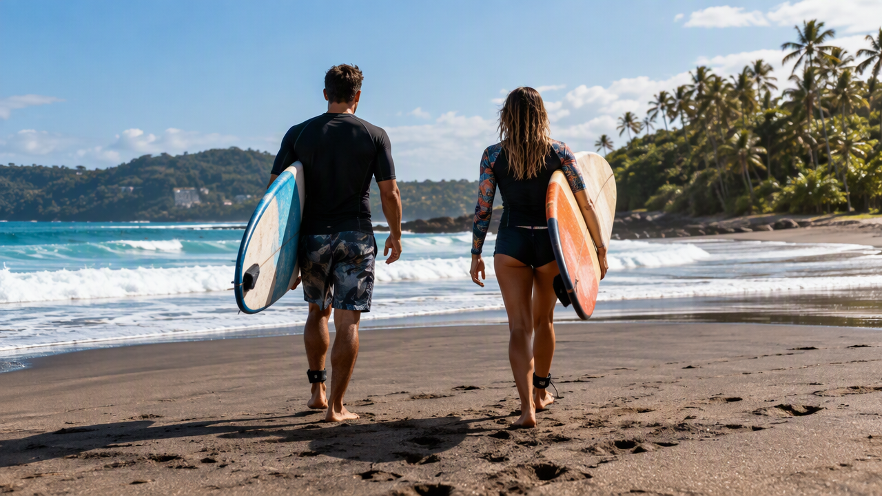 Surfers in rash guards carrying soft-top boards