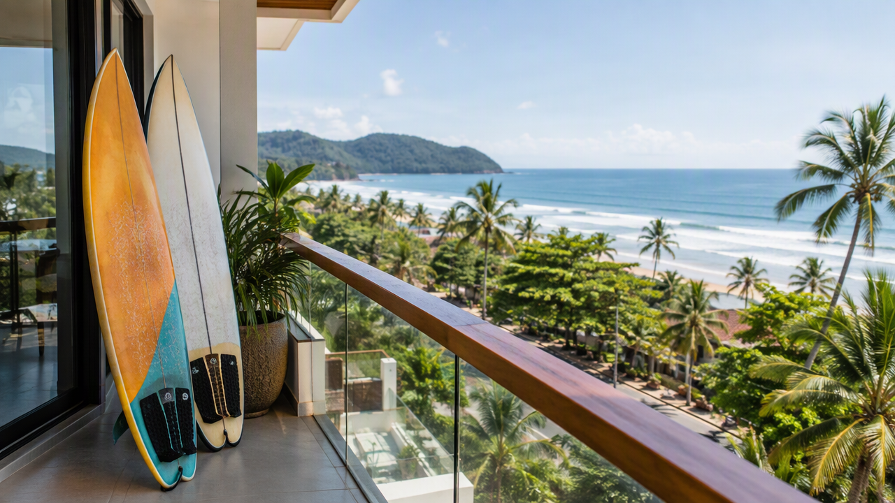 Surfboards on a balcony overlooking the ocean