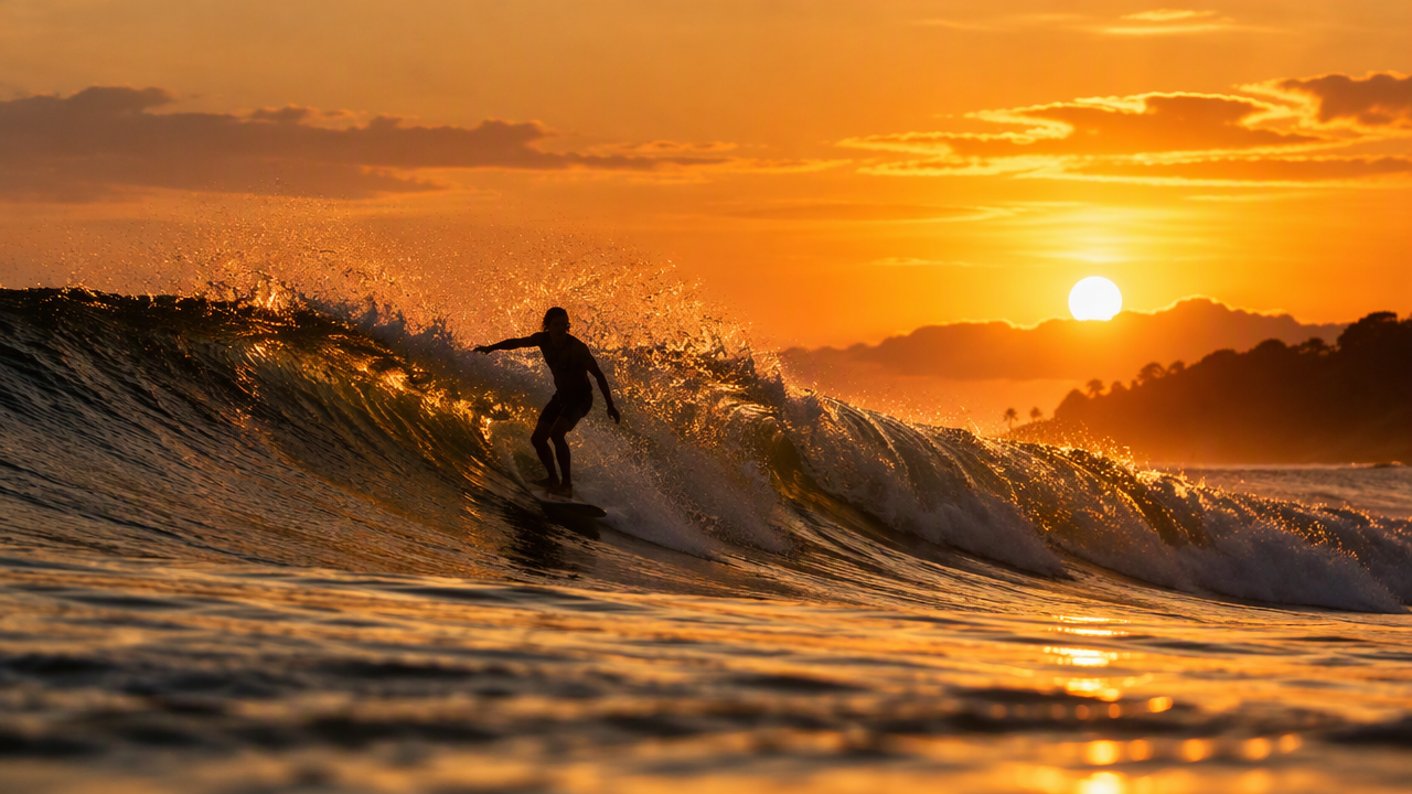 Surfer silhouette at sunset on a Pacific wave