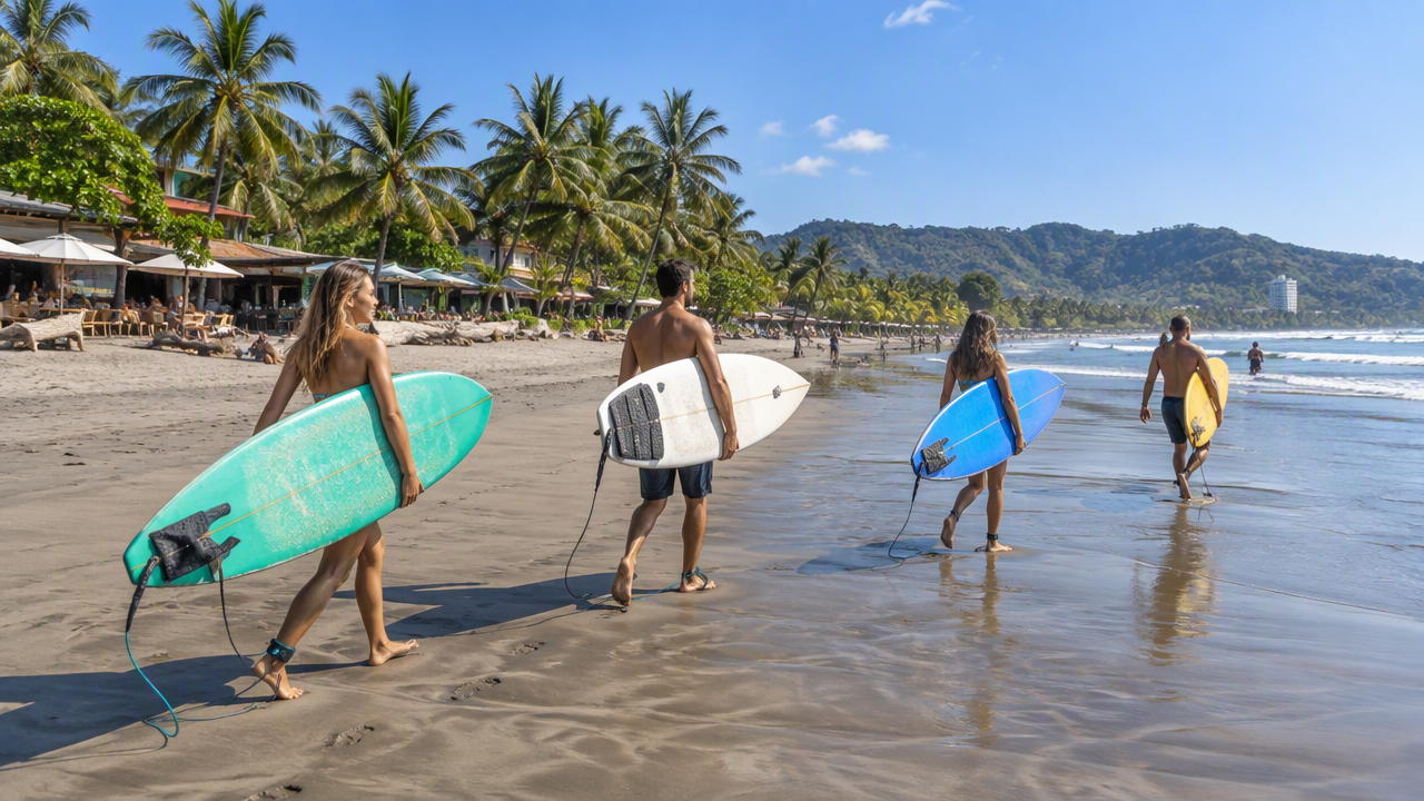 Tourists walking to the water with surfboards