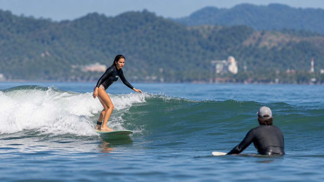 Student surfer riding with an instructor watching