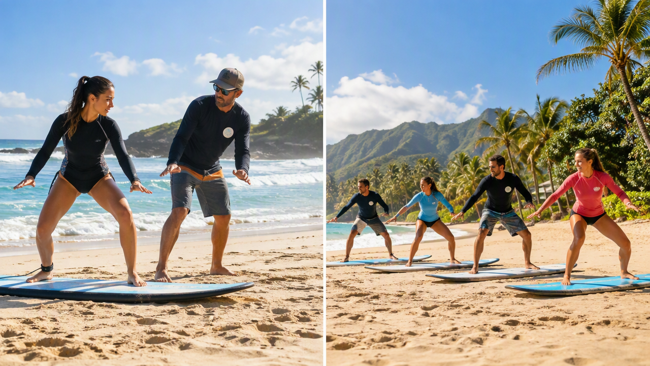 Private and group surf lessons side by side